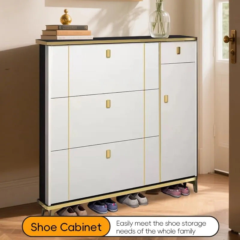 Modern Ultra Thin Shoe Storage, Entrance Shoe Rack Narrow, With Accessory Drawer Shoe Cabinet,with 3 Adjustable Partition, for Hallway Doorway Balcony Living Room (White Panel)